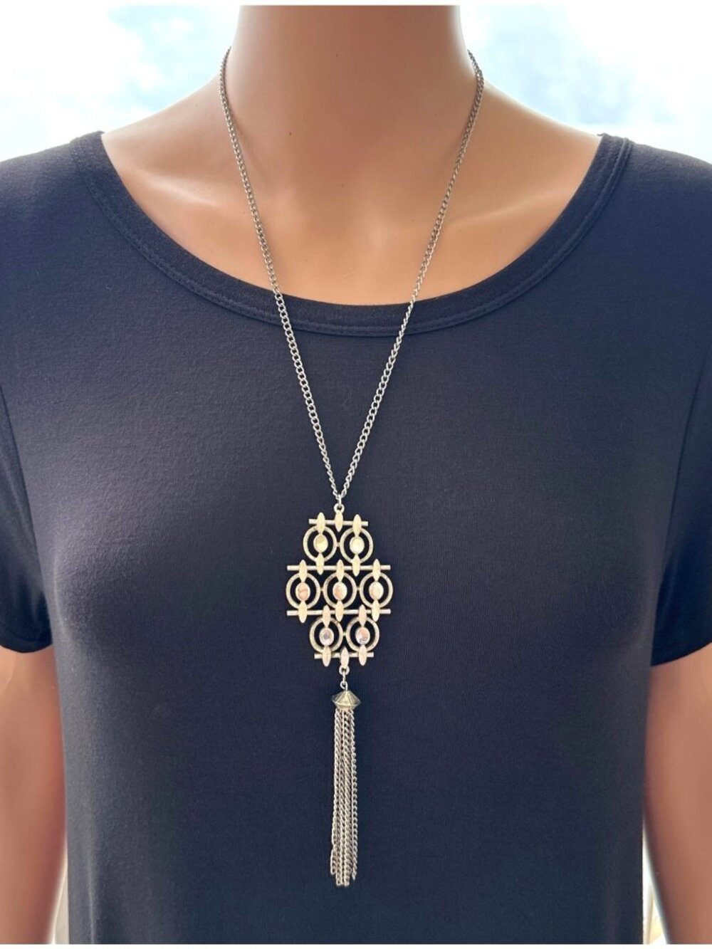 Boho Style Tassel Necklace Silver Tone 23 Inch Length Vintage Style